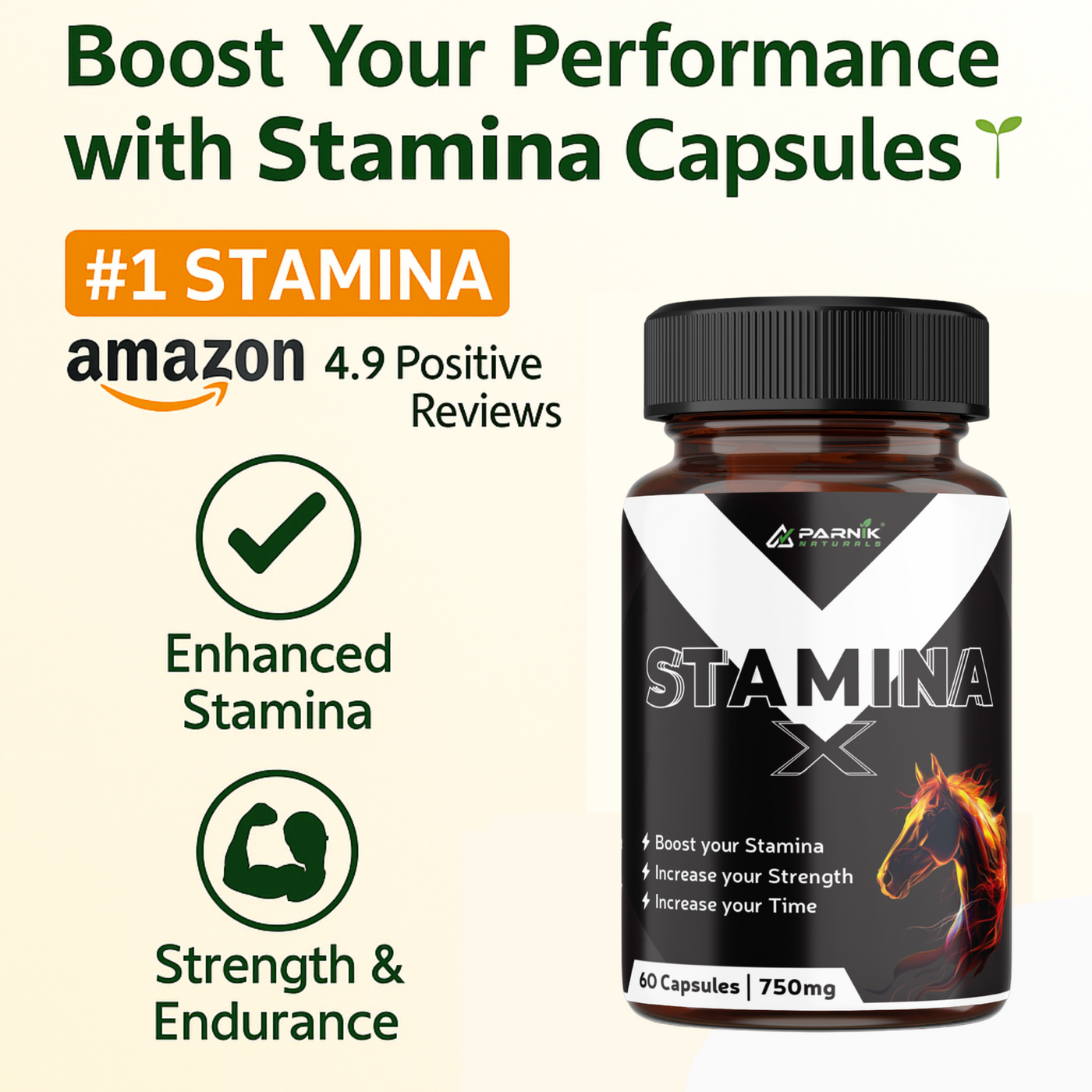 Parnik Naturals Stamina+ 750mg | Stamina & Testosterone Support for Men | Energy, Strength & Endurance Booster – 60 Capsules