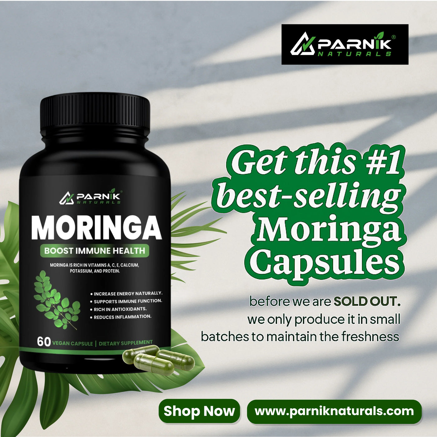 Parnik Naturals Ayurvedic Moringa Capsules 60 – Herbal Supplement for Detox, Immunity & Natural Weight Control